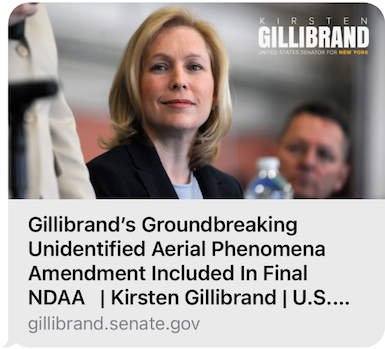 Gilibrand"s Grooundbreaking UAP Amendment remains in final NDAA